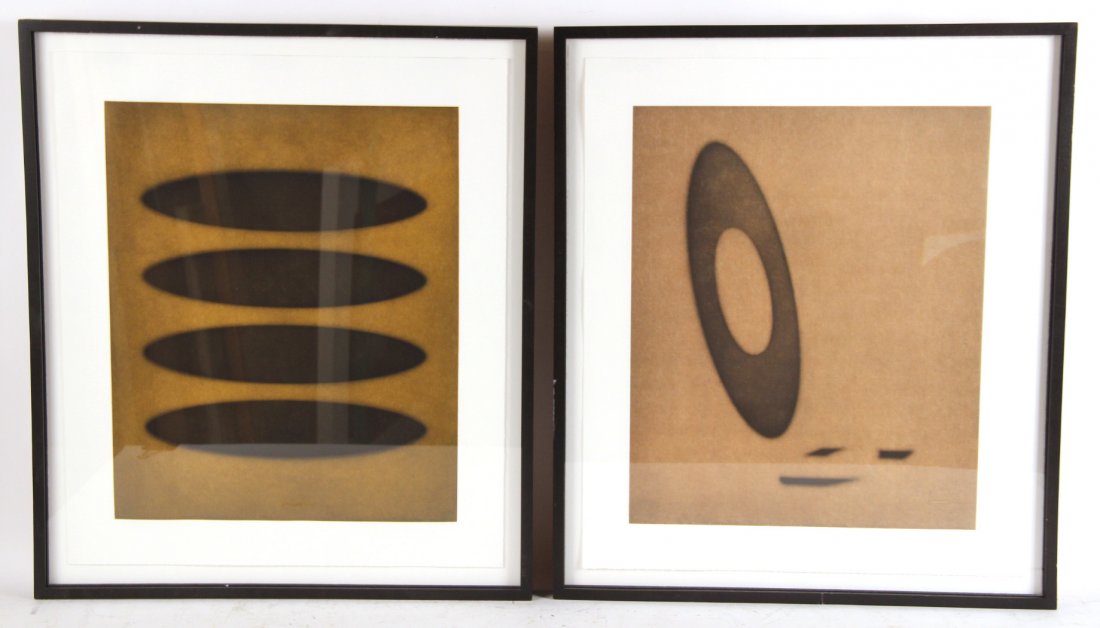 Two Photgravure, Ted Kincaid: Both untitled. One depicting horizontal ovals, the other crashing orb. Appears unsigned. RDA#72733, 72735 Bin#59 Sight size:18 1/2"h x 15"w