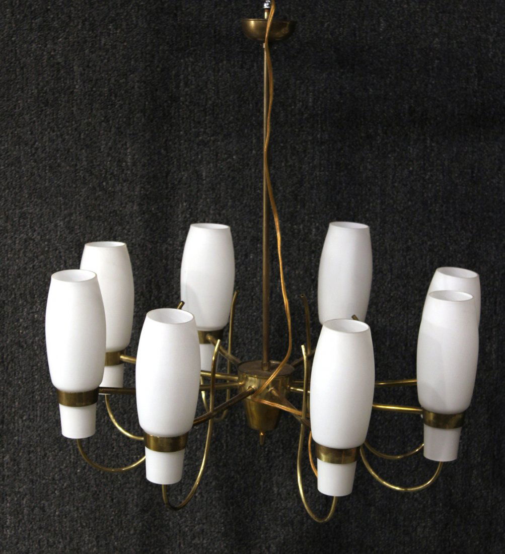 Modern Brass&Frosted Glass Eight-Light Chandelier (1 of 5)