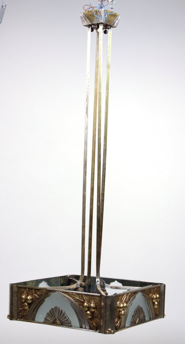 Art Deco Brass, Chrome, & Glass Lighting Fixture: French, early 20th C. 47"h x 18"sq.