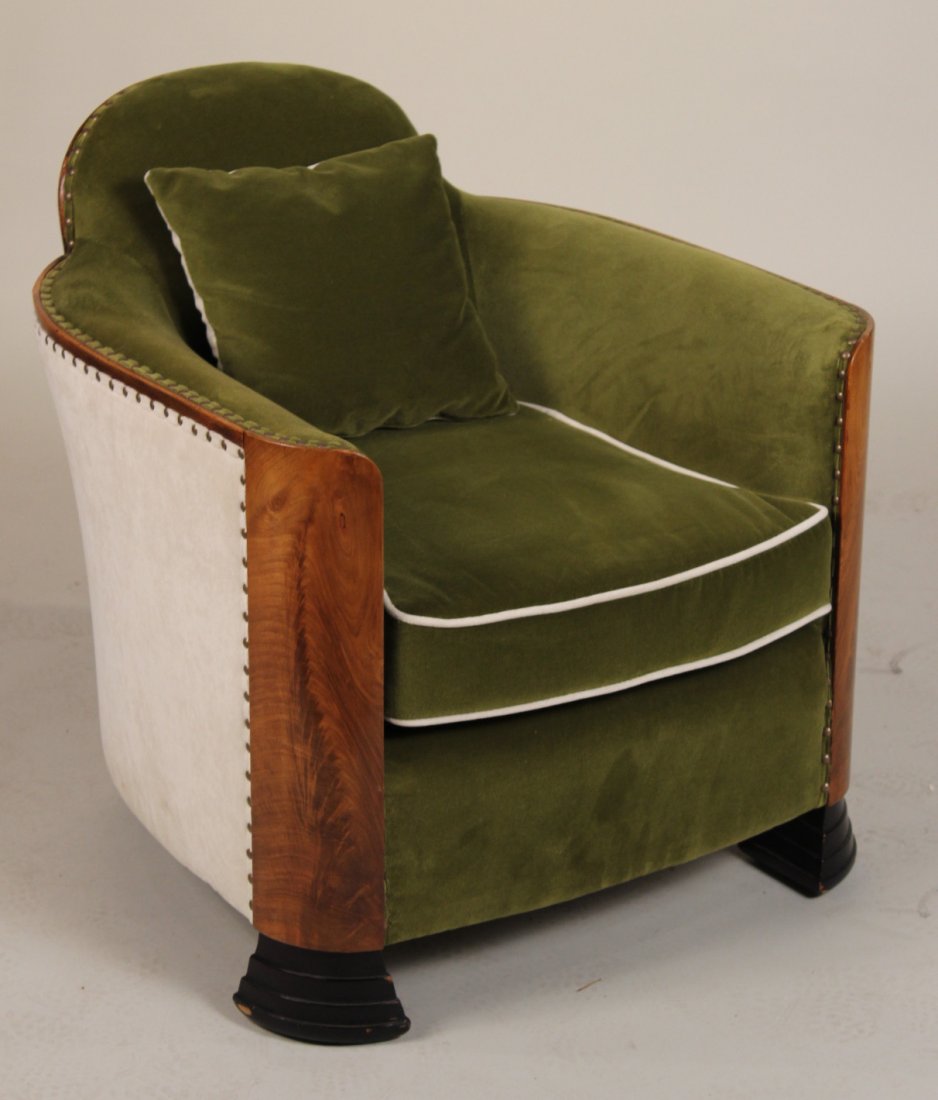 Art Deco Green-Upholstered Walnut Club Chair: French, early 20th C., with ebonized feet. 28"h x 26"w x 29"d
