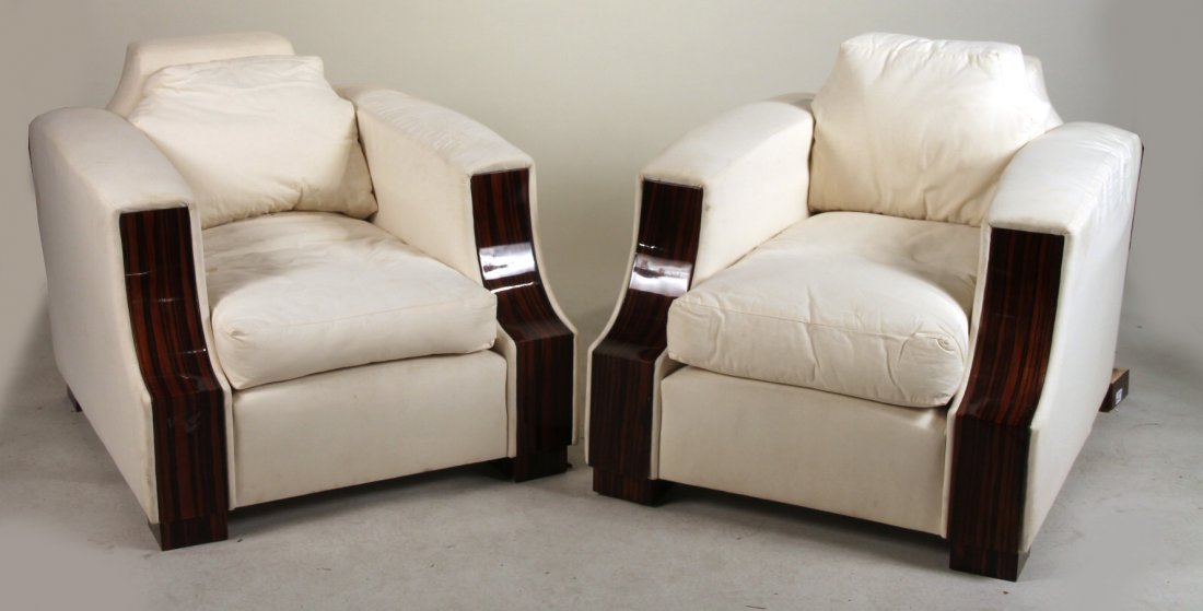 Pair of Art Deco Upholstered Ebony Club Chairs (1 of 8)