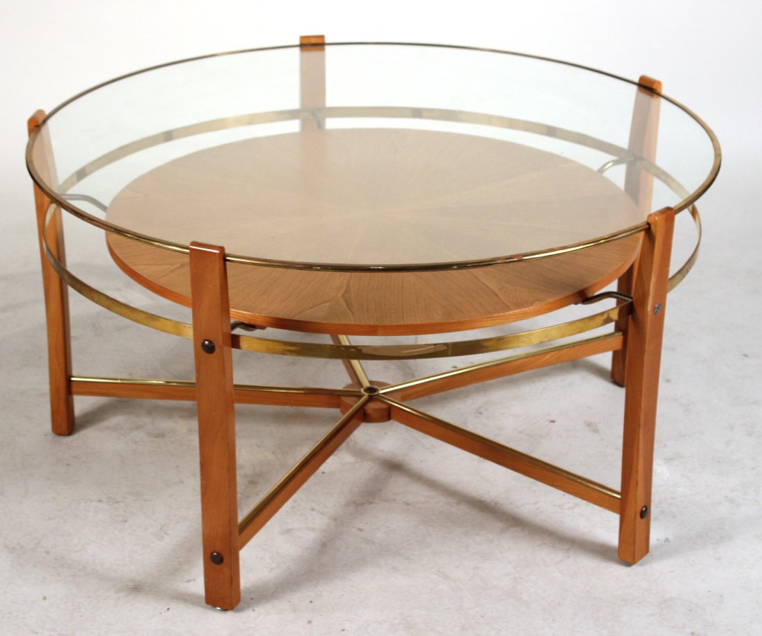 Modern Oak, Brass, and Glass Circular Low Table (1 of 7)