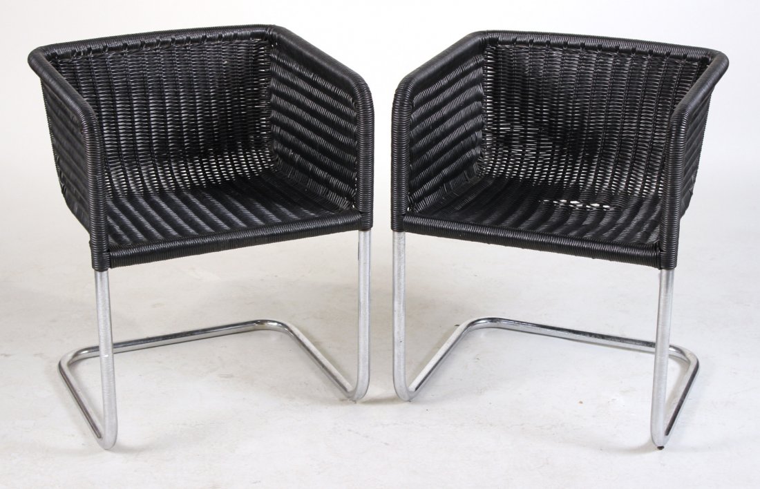 Pair of Harvey Probber Wicker and Chrome Chairs: American, mid-20th C., black-painted wicker. 27-1/2"h x 21-1/2"w x 19"d