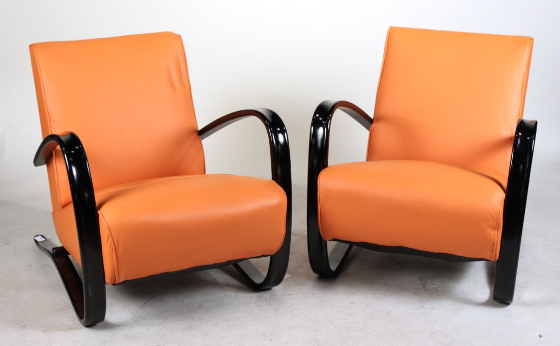 Pair of Modern Ebonized Orange Leather Chairs (1 of 8)