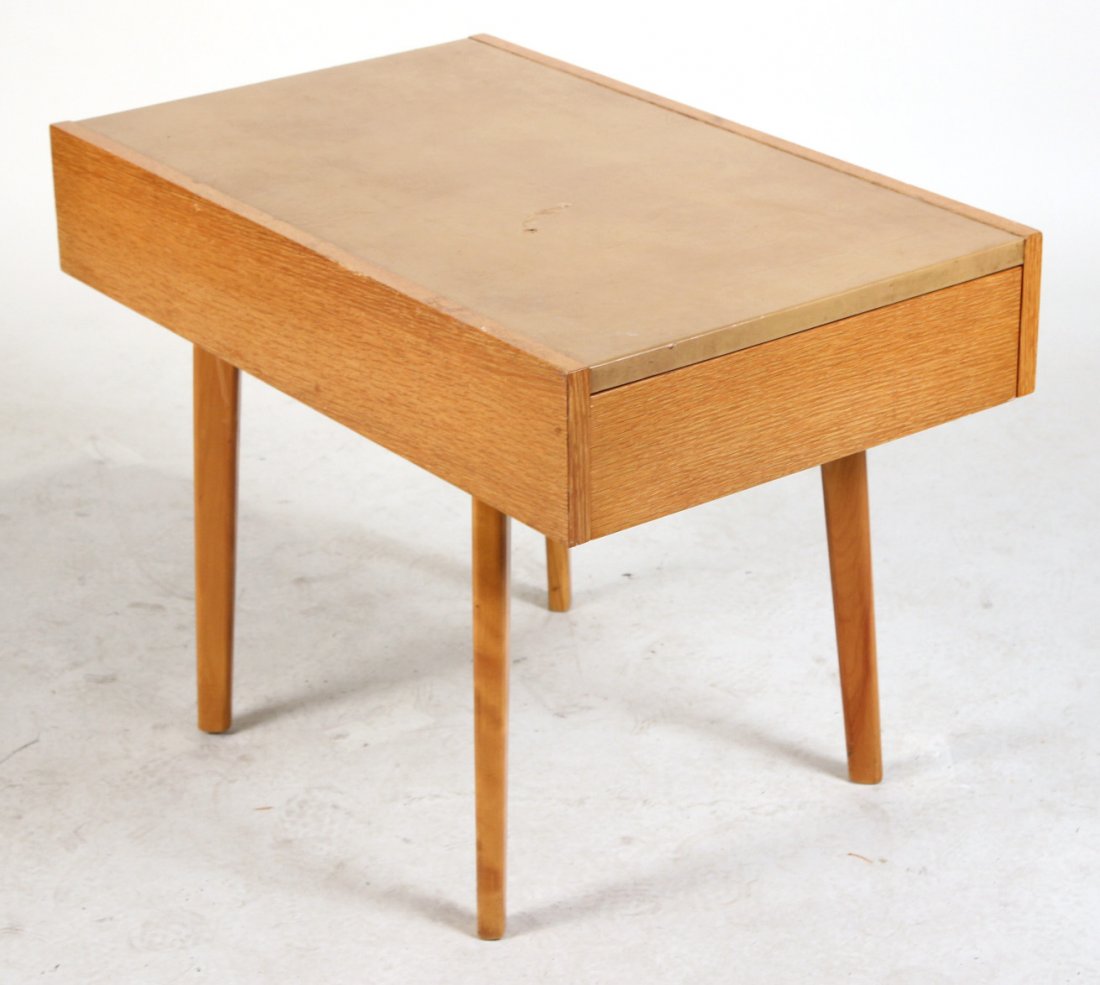 George Nelson for Herman Miller Oak Nightstand: With tan leather inset top, labeled inside of drawer. 22"h x 19"w x 30"d