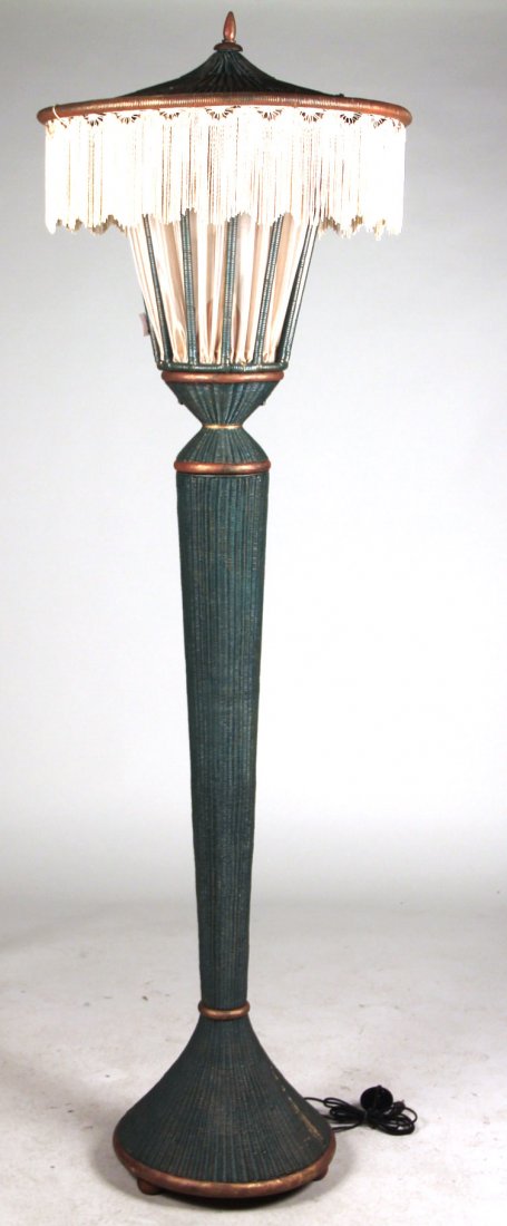 Art Deco Green-and-Gold Painted Rattan Floor Lamp (1 of 6)