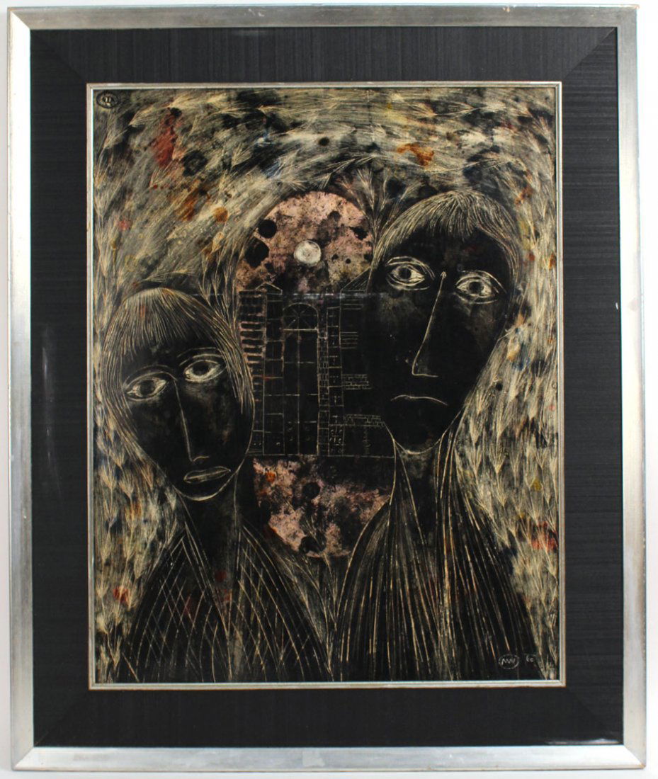 Etched Mixed Media of Two Figures and a House (1 of 7)