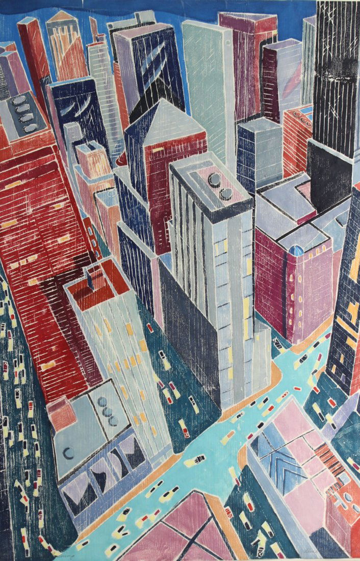 Woodcut Print, Street Scene, Aline Feldman (1 of 9)