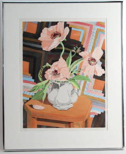 Color Stencil, "Poppies with Quilt": Signed l.r.Sondra Freckelton and edition l.l. 1/49. RDA#15476 Bin#74 Sight size:23"h x 17 1/2"w