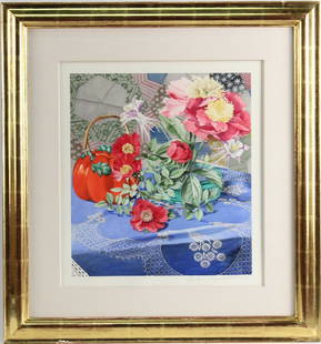 Watercolor, Orange Pot with Flowers: Signed l.r.Sondra Freckelton. RDA#14027 Bin#74 Sight size:22"h x 20"w