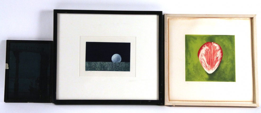 Three Works of Art: Comprising, an etching of a man in a boat, a mezzotint, "Golfball," Joop Vegter, and a color etching, "Tulip Petal #2," by Rory McEwen. RDA#90722, 71855, and 18356 Bin#71 Sight size: 9-1/2"h x 7"w, 14