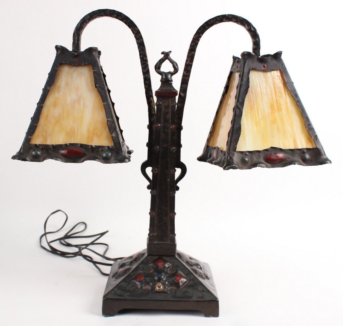 Arts & Crafts Style Painted Metal Two Light Lamp: Appears to be unmarked, with brown and white glass shades. 20"h x 20-1/2"w x 7-3/4"d. Property Deaccessioned from the Bruce Willis Collection.