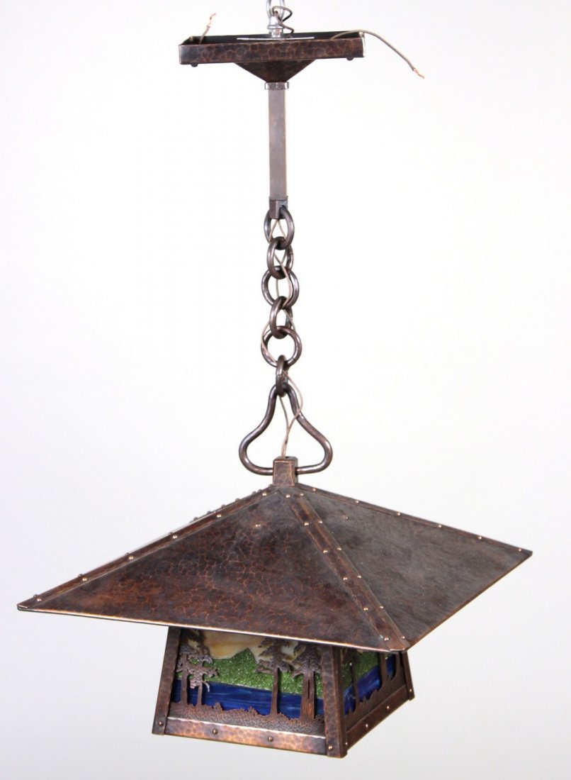 Arts & Crafts Copper and Stained Glass Chandelier: Appears to be unmarked. Apx. 30"h x 17-3/4"sq.. Property Deaccessioned from the Bruce Willis Collection.