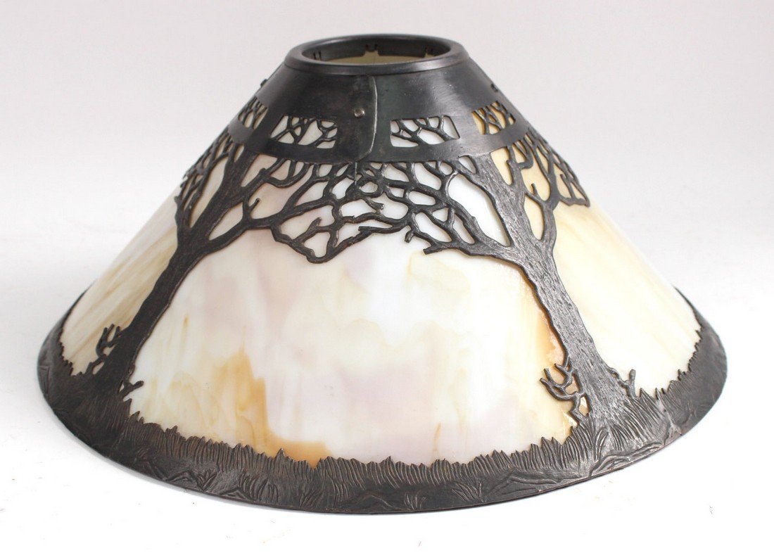 Handel Bronze and Slag Glass Shade: Marked "Handel." 8"h x 18"dia.. Property Deaccessioned from the Bruce Willis Collection.