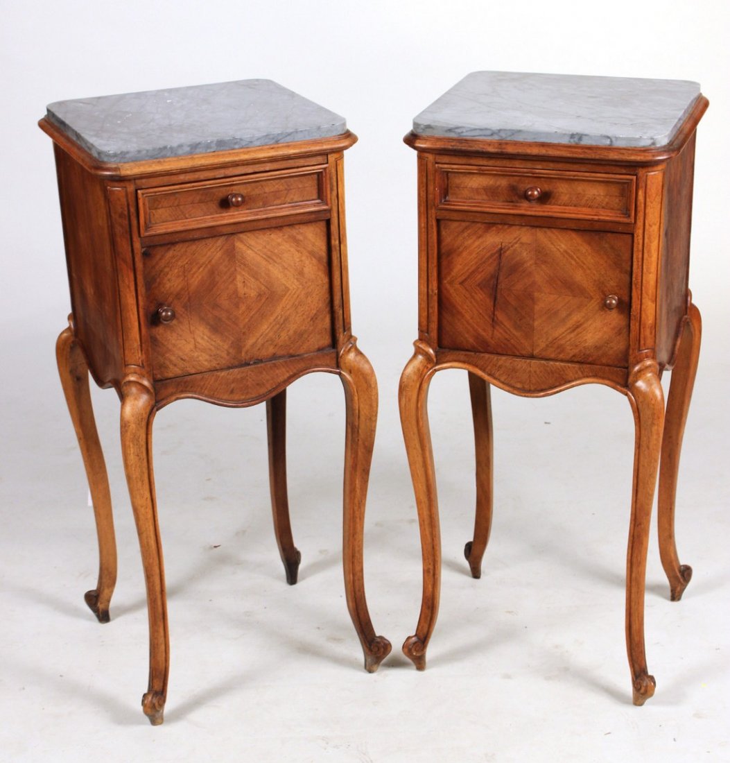 Pair of Louis XV Style Marble-Top Nightstands: French, early 20th C. 35-1/4"h x 15-1/2"w x 15-1/2"d