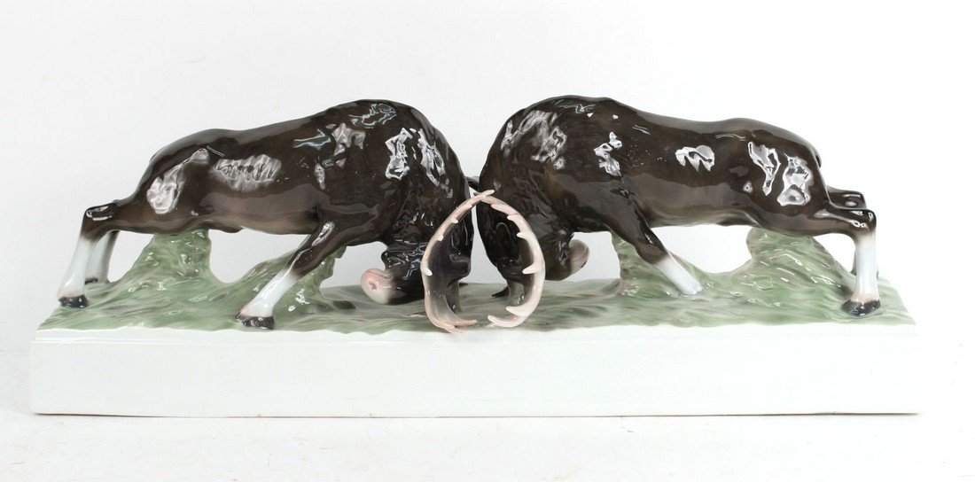 Fraureuth Porcelain Moose Figural Group: Marked "Fraureuth Kunstabteilung," on the bottom. 8-1/4"h x 22-1/2'h x 5-3/4"d