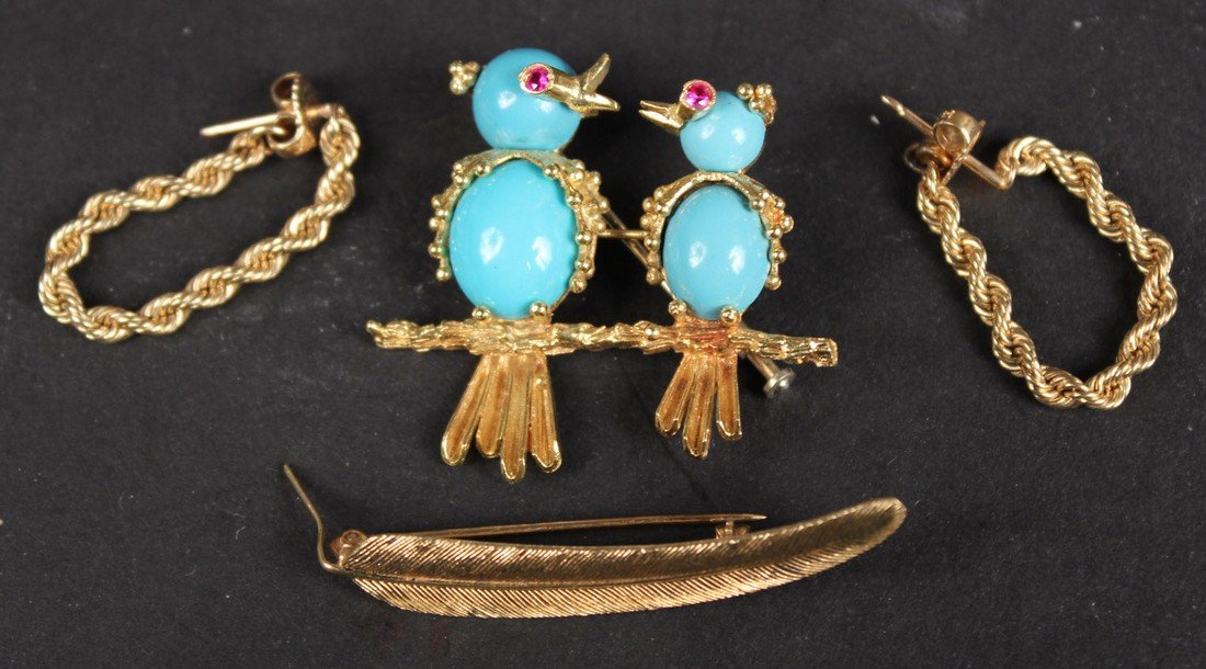 18K Yellow Gold&Turquoise Birds on Branch Brooch (1 of 8)
