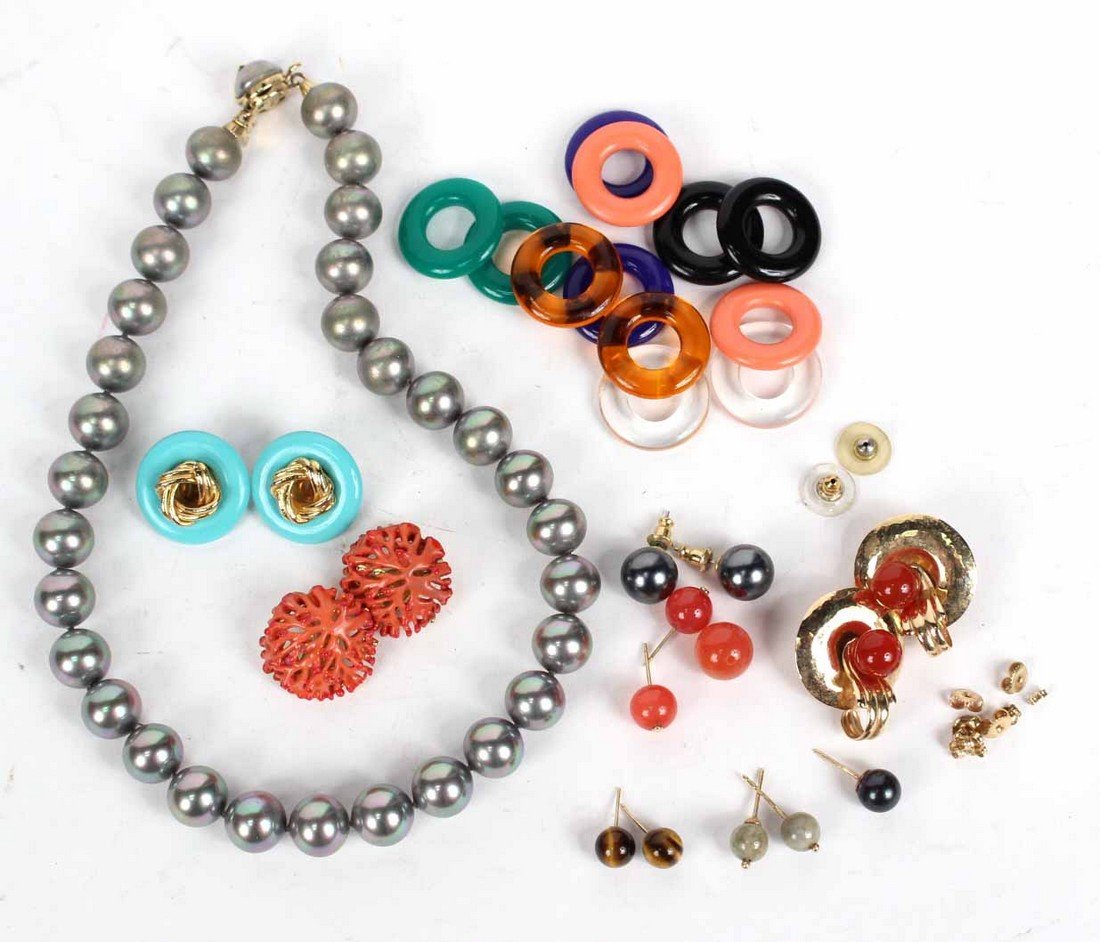 Group of Costume Jewelry: Including a strand of Majorica Tahitian pearls. Pearl necklace 16-1/4"l