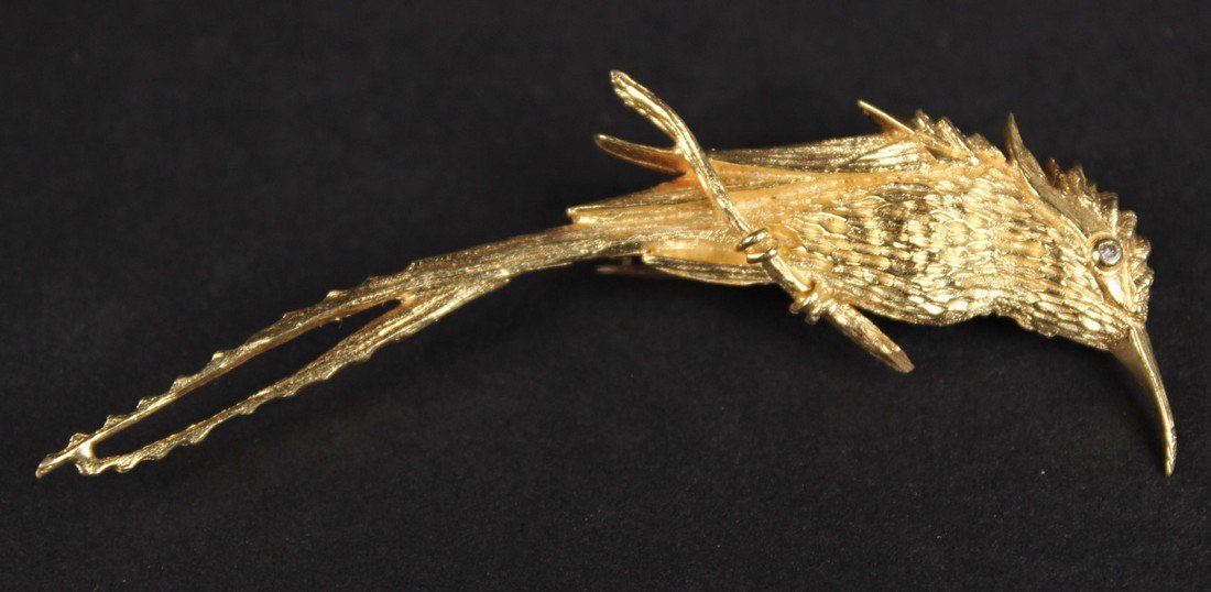 18K Yellow Gold Long Tail Bird Form Brooch (1 of 5)