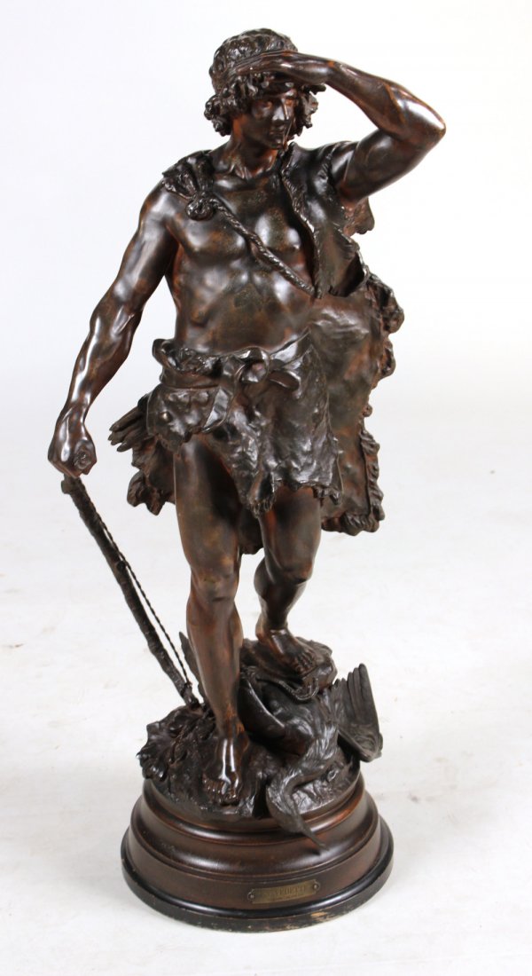 Spelter Sculpture, "En Vedette," Auguste Moreau: (French, 1834-1917), on associated wooden base. Inscribed "Aug Moreau." 38"h x 12"dia. at base