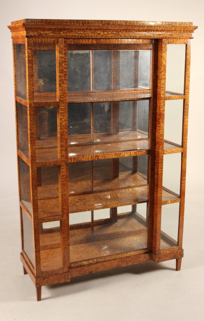Biedermeier Tiger Maple Vitrine: Continental, 19th C. 4'10-1/2"h x 42-1/2"w x 16"d