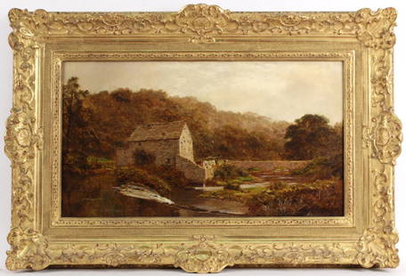 Oil on Canvas, Mill by River, Robert Gallon: (English, 1845-1925), signed l.r. "R. Gallon," bears old Christie's label verso. Sight size: 12-1/2"h x 22-1/2"w