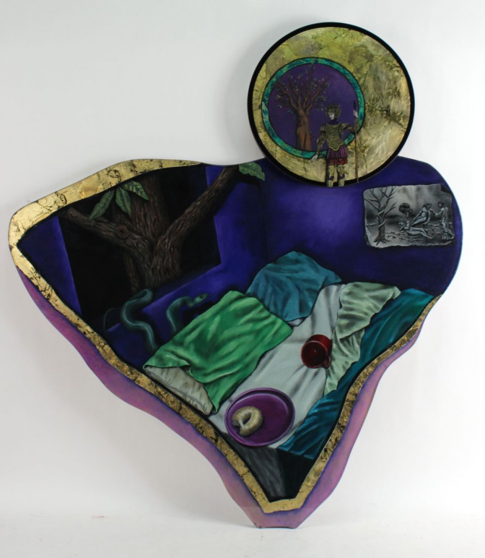Reverse Painted on Glass, Judy Bally Jensen: Titled "Some Invasions." Mounted on wood base. 45 1/2"h x 41"w