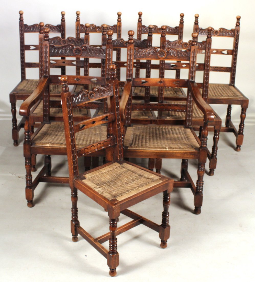 Ten Jacobean Style Oak & Rush Seat Dining Chairs (1 of 10)