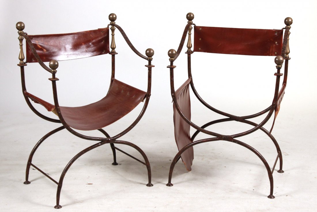 Two Wrought-Iron and Leather Savonarola Chairs (1 of 9)