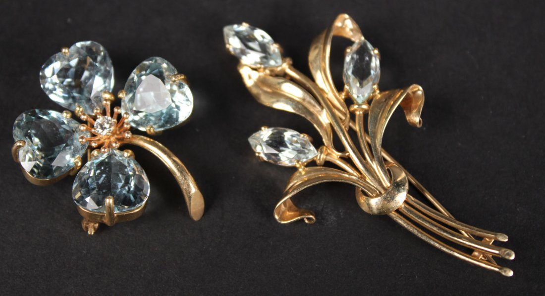 Two 14K Yellow Gold & Blue Topaz Brooches (1 of 8)