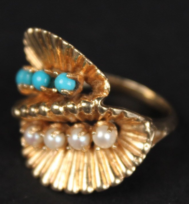 14K Yellow Gold Pearl and Turquoise Bead Ring (1 of 6)