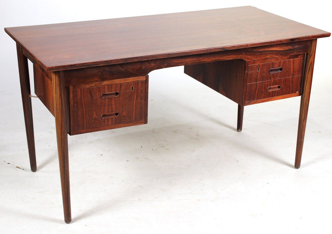 Arne Vodder Danish Modern Mahogany Writing Desk: 20th C., signed and labeled underside. 29"h x 4'6-1/2"w x 26-3/4"d