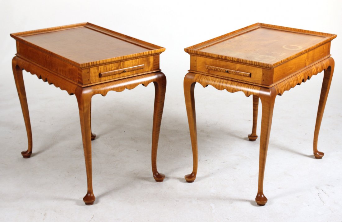 Pair of Eldred Wheeler Tiger Maple Tea Tables: 20th C., in the Queen Anne Style. 26-3/4"h x 28"w x 18"d