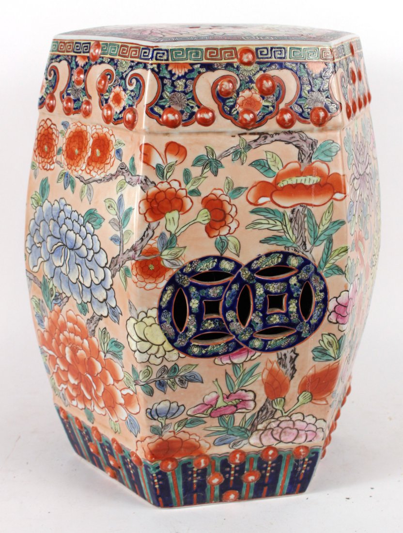 Chinese Floral-Decorated Porcelain Garden Seat: 20th C. 18-1/2"h x 11-1/2"dia.