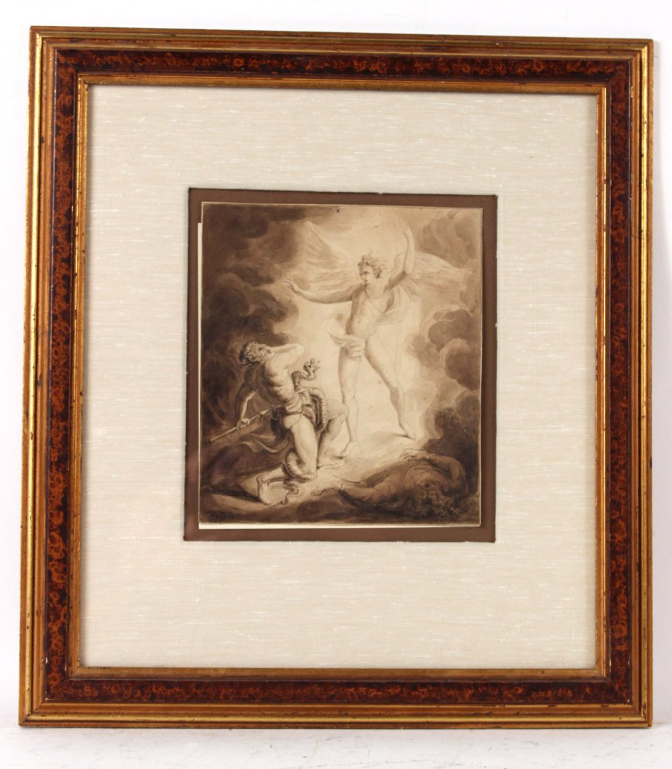 Pen and Ink, Archangel Michael, William Blake: (English, 1757-1827), depicting, Archangel Michael and Lucifer Arguing Over the Body of Moses, signed and dated l.l. "W. Blake 1824," Pen and ink with gray wash and watercolor, over traces of pencil,