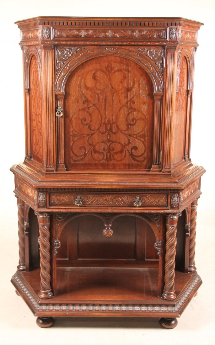 Baroque Style Inlaid Mahogany Tall Cabinet: 20th C. 5'8"h x 4'w x 20"d