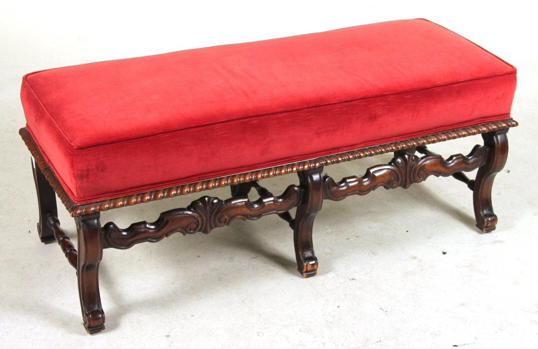 Baroque Style Carved Mahogany Window Seat: With red-upholstery. 19"h x 47-1/2"w x 18-1/2"d