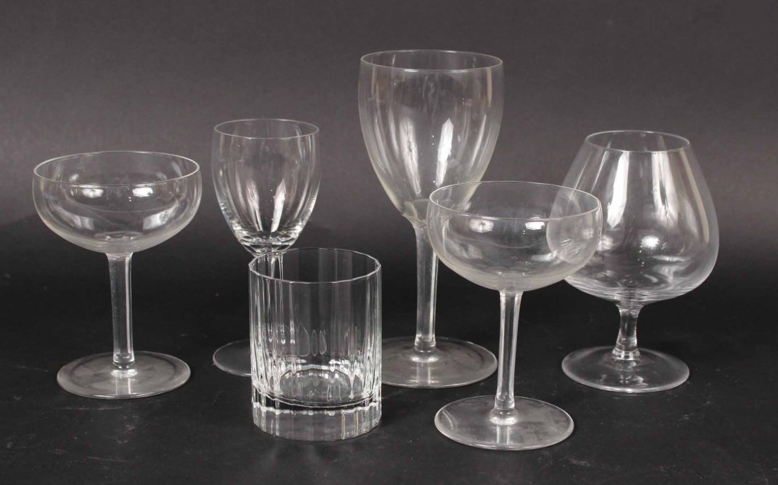 Group of Glass Stemware and Barware: 37 pieces. Including champagne boats, wine glasses, goblets and brandy snifter glasses. 7 1/2"h