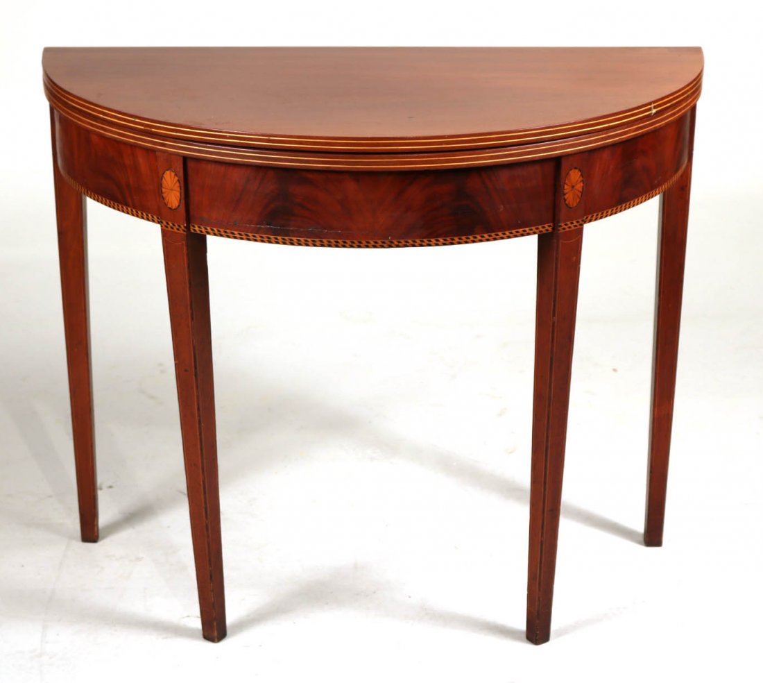 Federal Inlaid Mahogany Demi-Lune Games Table: American, 20th C. 29-1/4"h x 35-3/4"w x 17-1/2"d