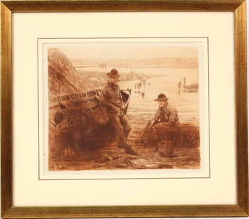 Etching, Fishermen, Charles Yardley Turner: American, 1850-1919. Appears unsigned. Title verso "The Fisheries Question." 8"h x 9 3/4"w