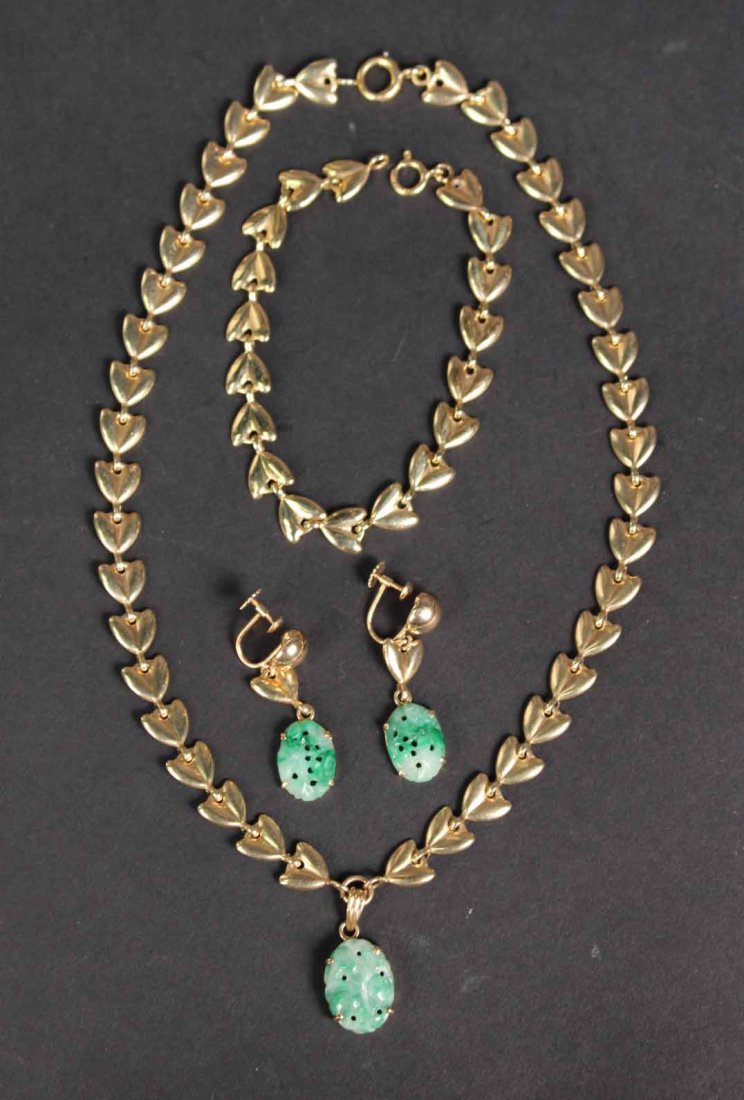 14K Yellow Gold Leaf Form Link&Jade Jewelry Suite (1 of 9)