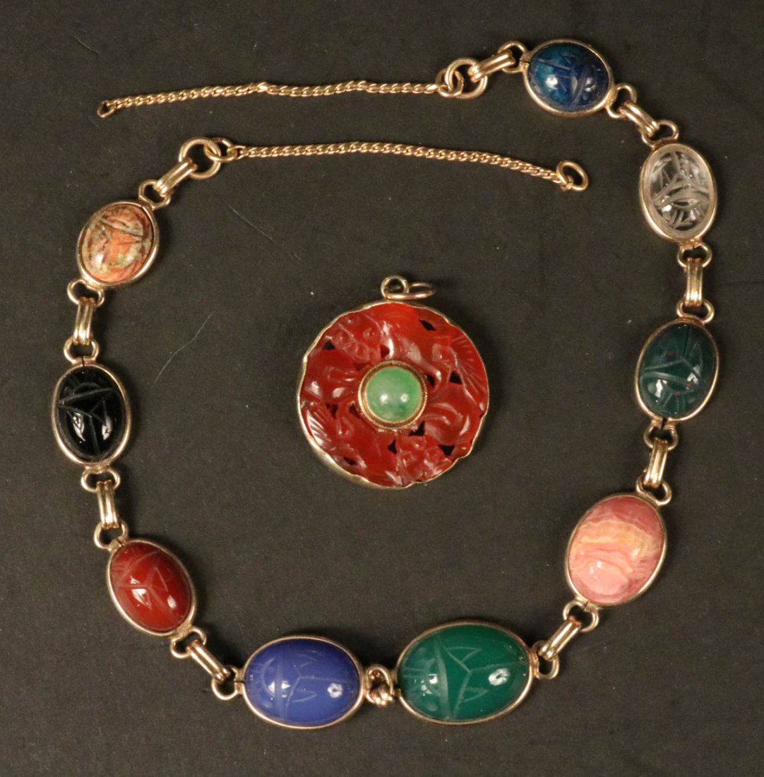 Yellow Gold Mounted Hardstone Scarab Necklace (1 of 10)