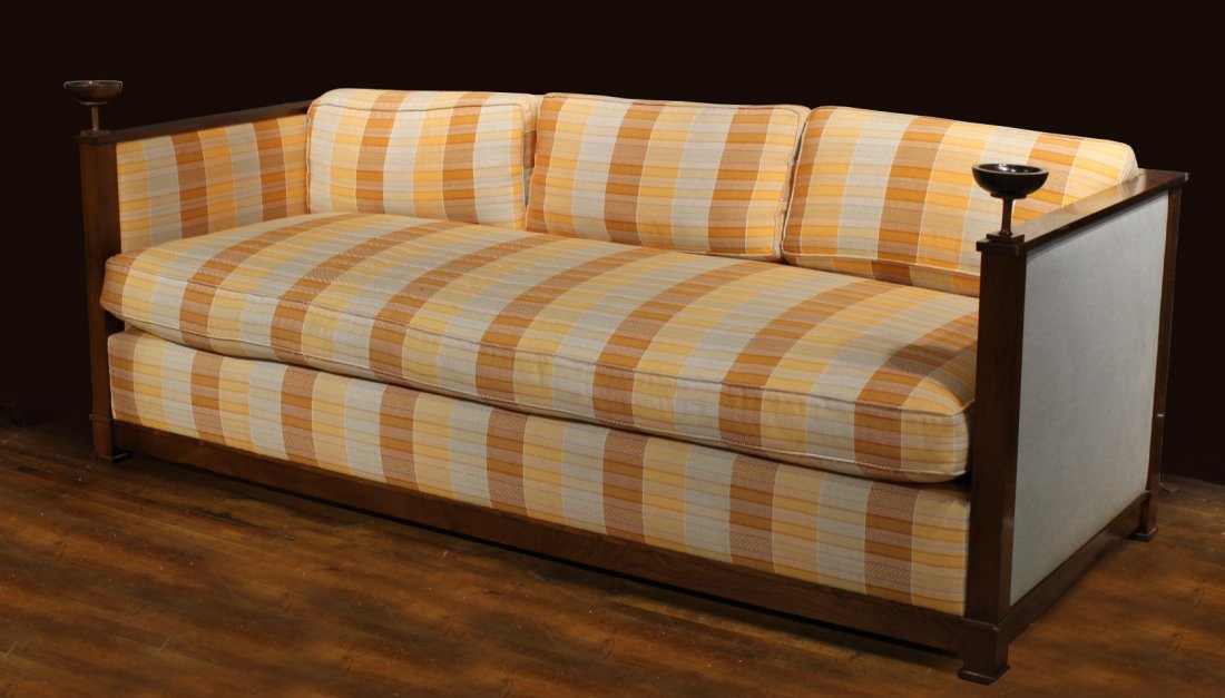 French Cherrywood Veneered Upholstered Daybed: In the manner of Andre Arbus, c. 1940s. 38"h x 8'w x 39-1/2"d