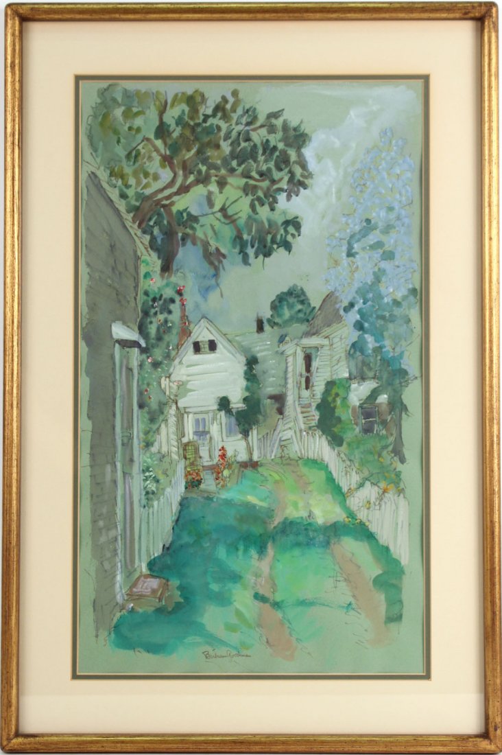Watercolor, Bertram Goodman, Street Scene: American, 1904-1988. Signed l.m. and verso artist, title "The Lane," and address. 24"h x 17 1/2"w