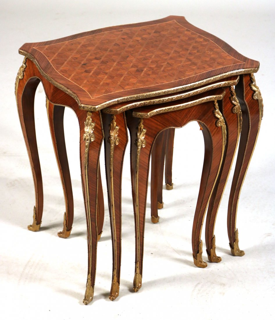 Set of Louis XV Style Inlaid Nesting Tables: French, 20th C., with ormolu-mounts. 23"h x 21"w x 16-1/2"d