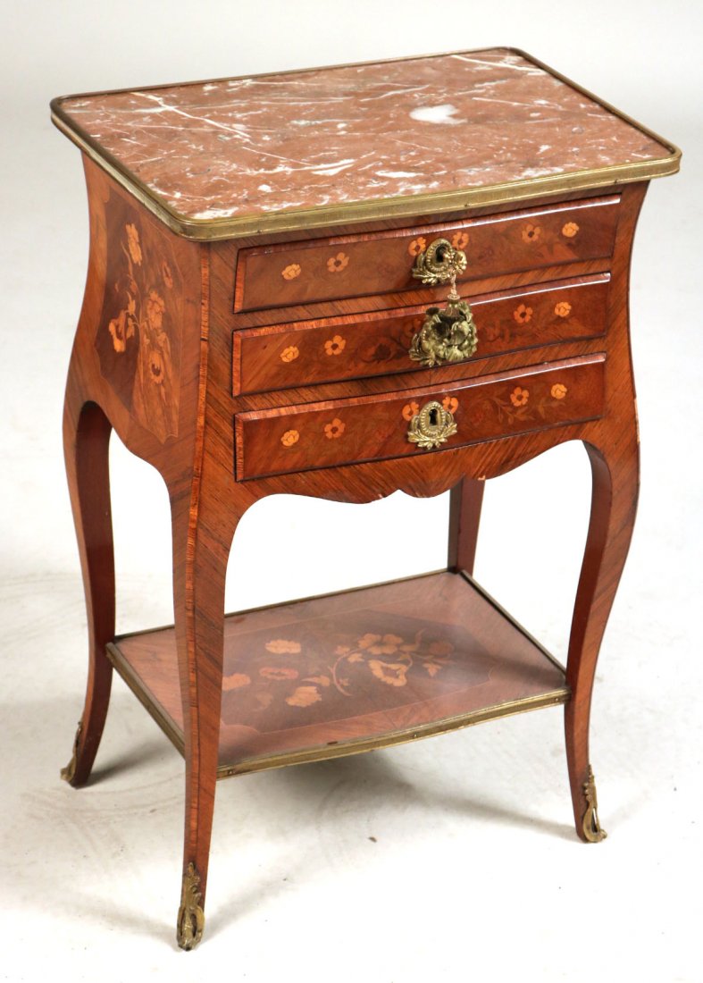 Louis XV Style Marble Top Inlaid Nightstand: French, 19th/20th C. 28-1/2"h x 18-3/4"w x 12-3/4"d