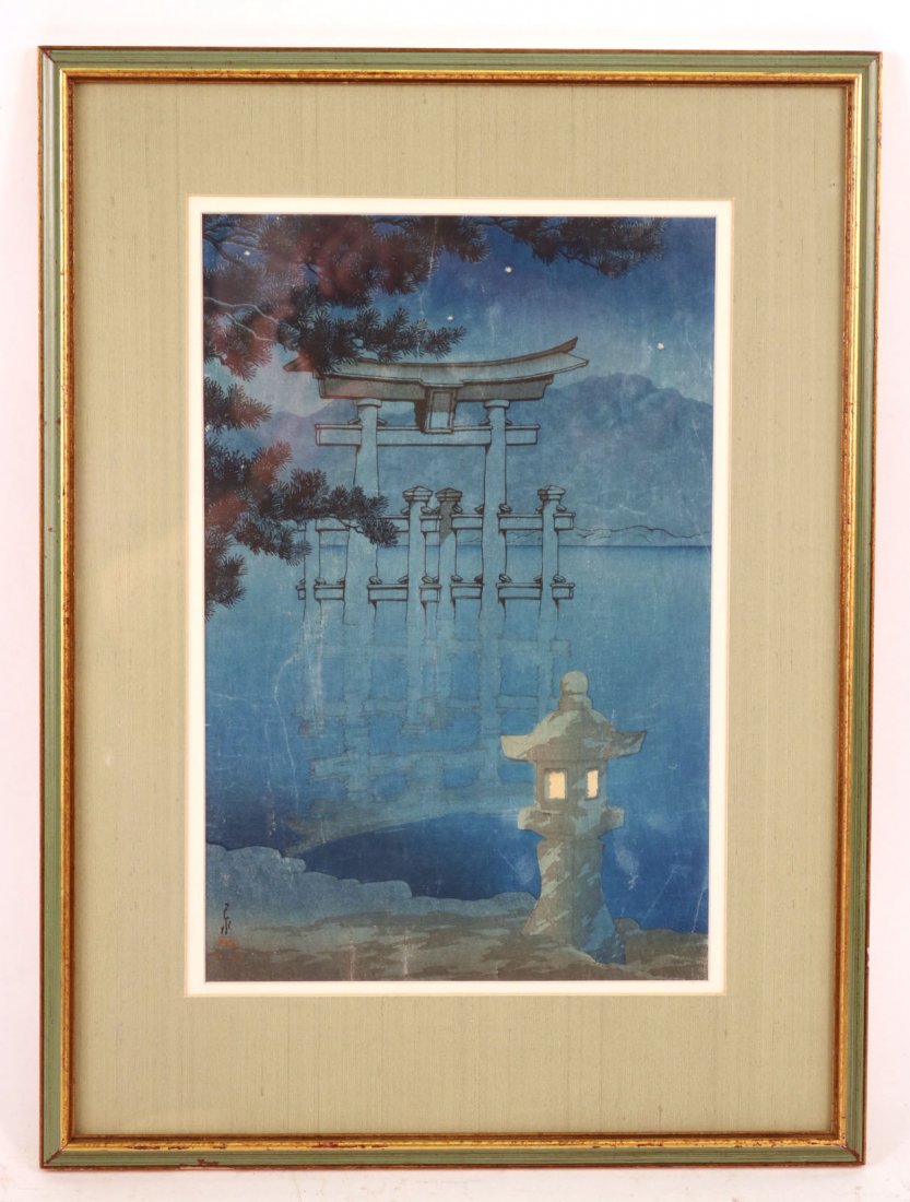 Japanese Woodblock Print, Kawase Hasui: (Japanese, 1883-1957), titled "Starlight Night at Miyajima," signed with seal, oban-tate-e. Sight size: 14"h x 9-1/4"w