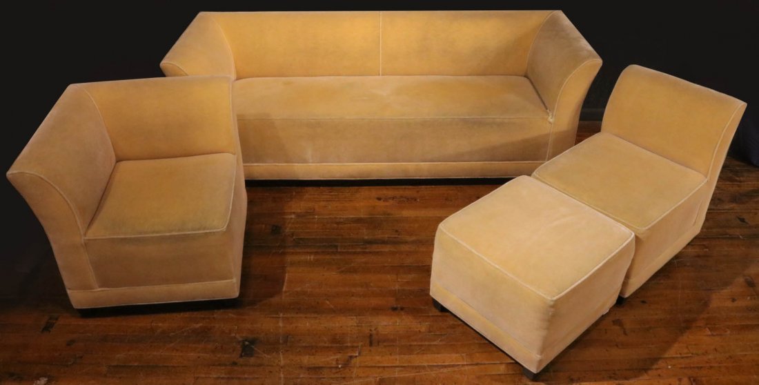 Four Todd Hase Upholstered Seating Furniture: Chester Collection, comprising, the settee, the corner, the slipper, and the ottoman. Settee: 28"h x 6'w x 30"d