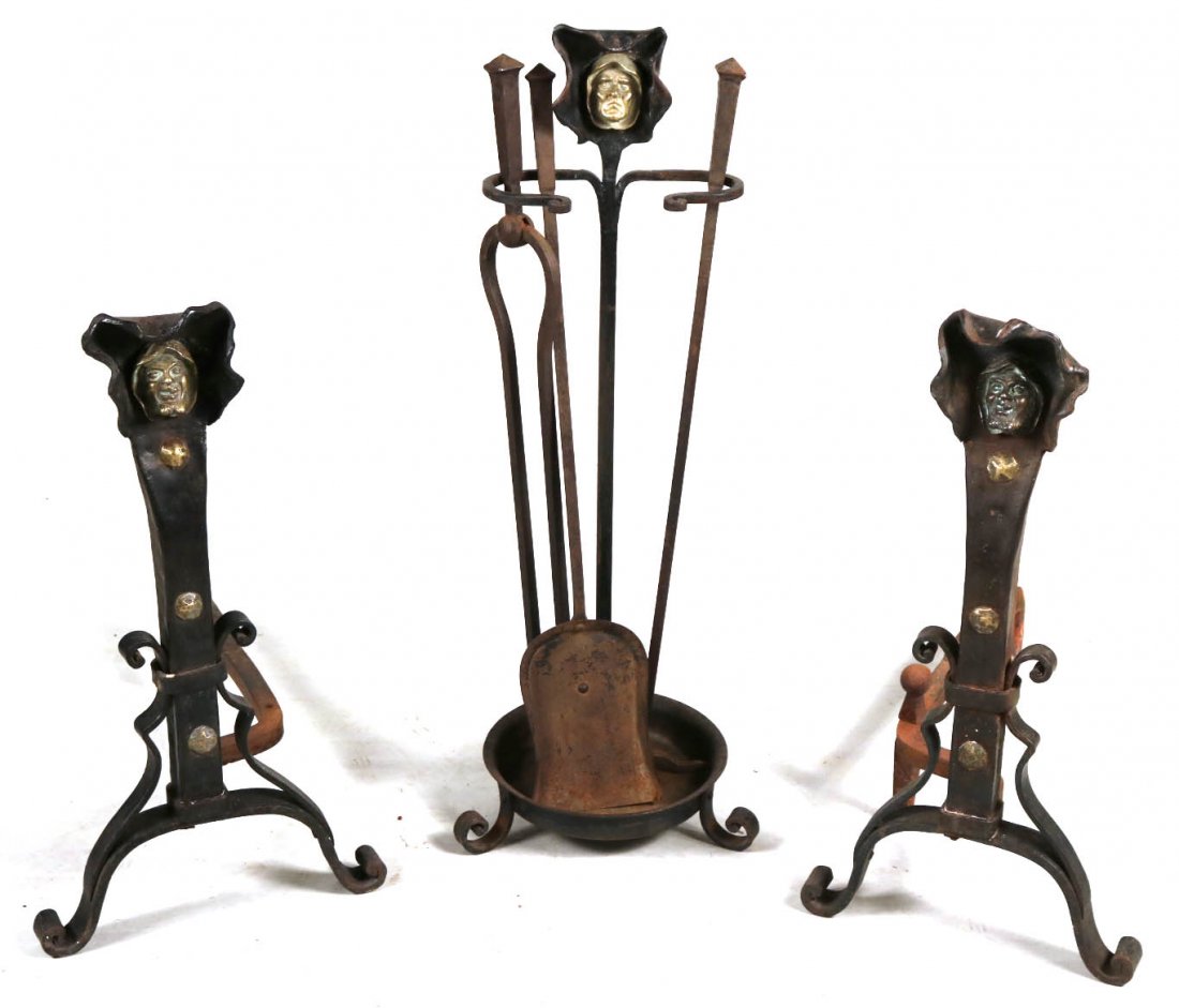 Pair of Arts & Crafts Andirons and Firetools (1 of 9)