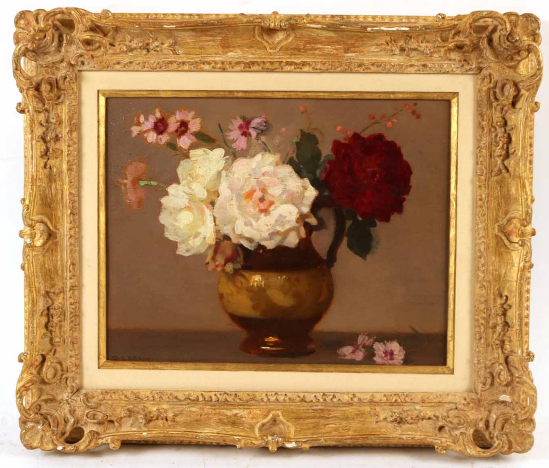 Oil on Board, Roses, Gustav Lorain: (French, 1882-?), signed l.l. "G. Lorain." Sight size: 10-1/4"h x 13"w